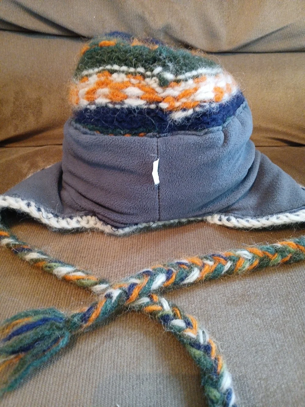 Hand-Knit Multicolor Wool Earflap Hat - Green, Navy & Orange With Braided Tassel